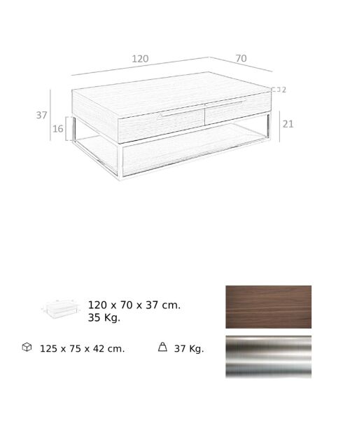 Table basse 2 tiroirs noyer/acier - 120x70x37 cm
