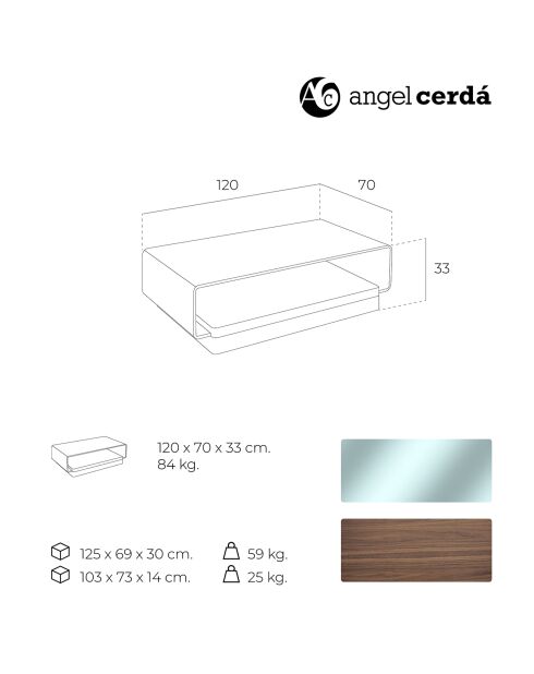 Table basse en verre incurvé transparent/noyer - 120x70x33 cm