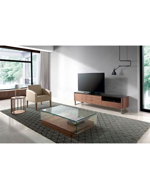 Transparenter Couchtisch aus gebogenem Glas/Nussbaum - 120x70x33 cm