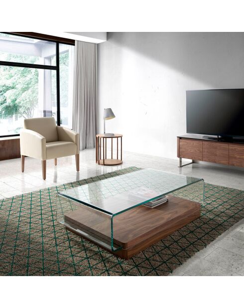 Table basse en verre incurvé transparent/noyer - 120x70x33 cm