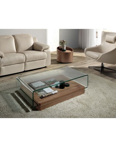 Table basse en verre incurvé transparent/noyer - 120x70x33 cm