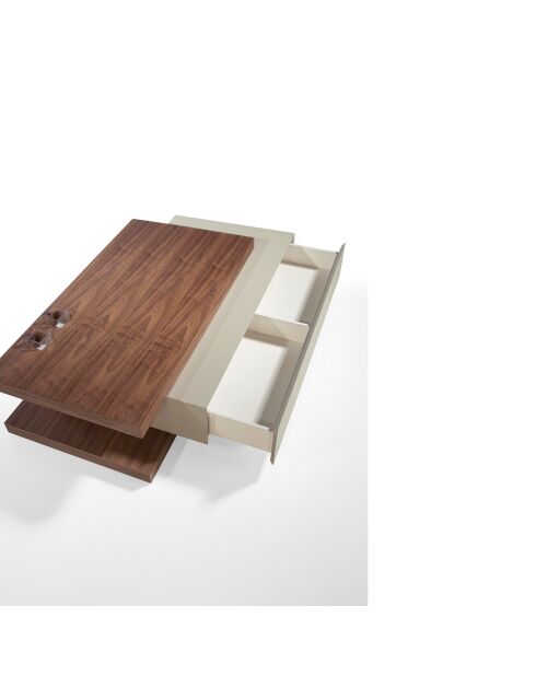 Table basse avec tiroir central verre/noyer/gris - 140x80x33 cm
