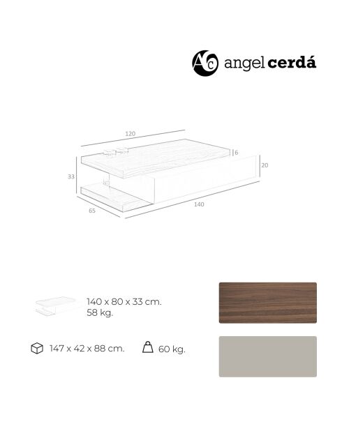 Table basse avec tiroir central verre/noyer/gris - 140x80x33 cm