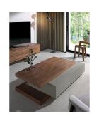 Table basse avec tiroir central verre/noyer/gris - 140x80x33 cm