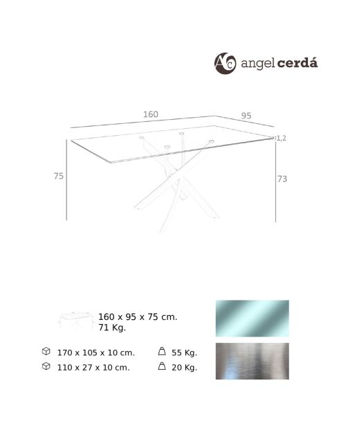 Table à manger avec plateau en verre transparent/argenté - 160x95x75 cm