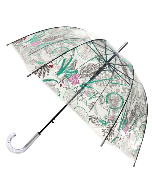 Parapluie droit cloche transparent - Imprimé feuilles tropicales vertes transparent/bleu