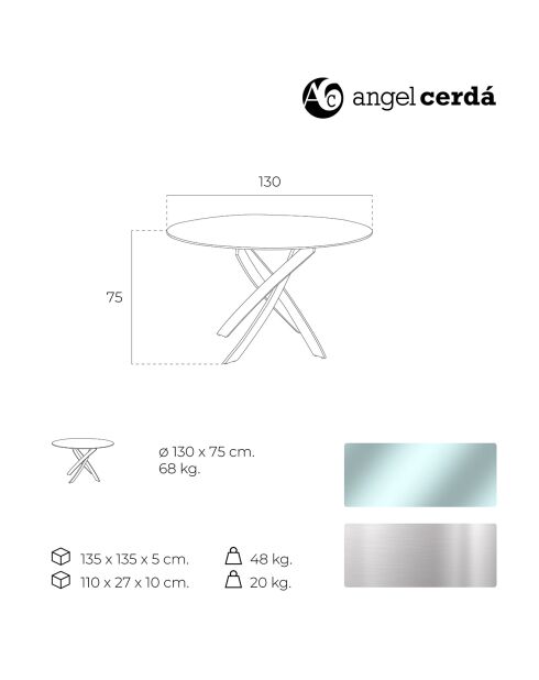 Table de salle à manger avec plateau en verre trempé transparent/argenté - D.130x75 cm