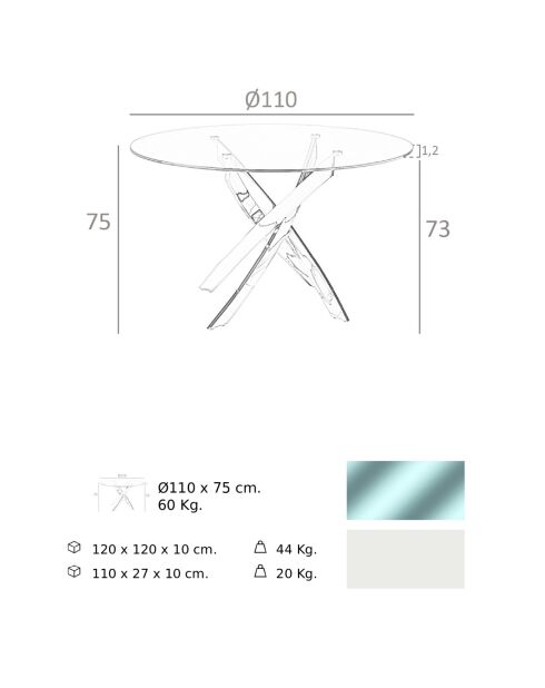 Table de salle à manger avec plateau en verre trempé 4 places transparent/blanc - D.110x75 cm