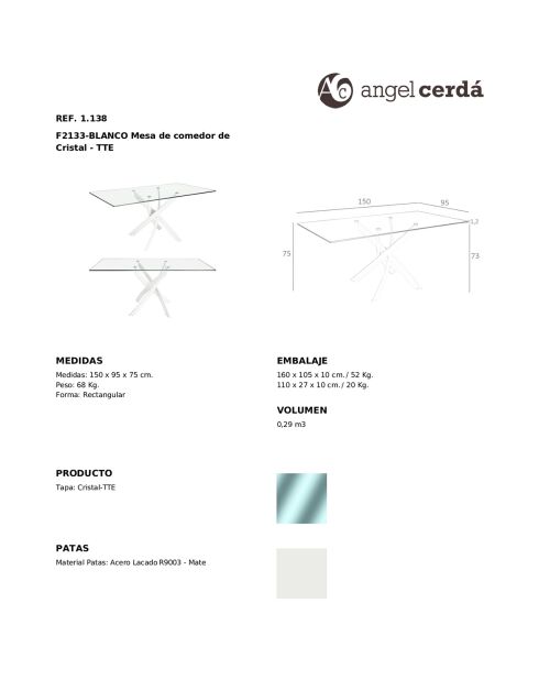 Table de salle à manger avec plateau en verre trempé 6 places transparent/blanc - 150x95x75 cm