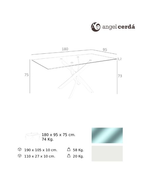 Tavolo da pranzo con piano in vetro temperato 8 posti trasparente/bianco - 180x95x75 cm