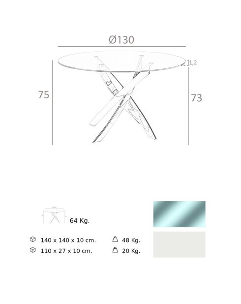 Table de salle à manger avec plateau en verre trempé 6 places transparent/blanc - D.130x75 cm