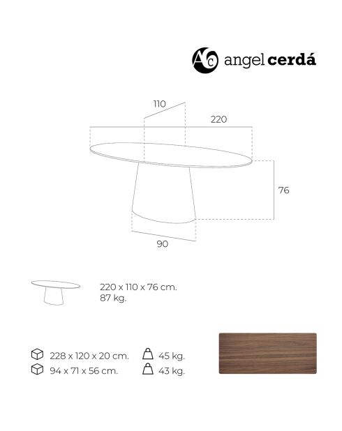 Table à manger ovale noyer plaqué noyer - 220x110x76 cm