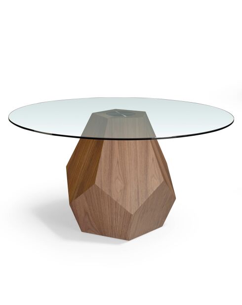 Table de salle à manger ronde en verre trempé verre transparent/noyer - 150x150x74 cm