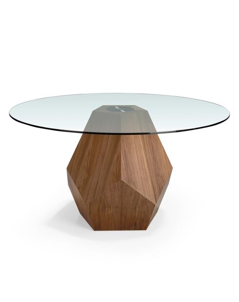 Table de salle à manger ronde en verre trempé verre transparent/noyer - 150x150x74 cm