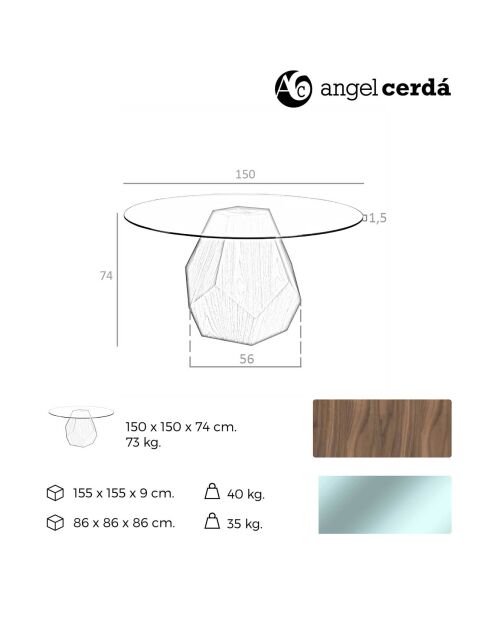 Table de salle à manger ronde en verre trempé verre transparent/noyer - 150x150x74 cm