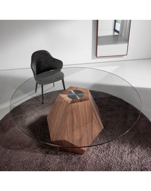 Table de salle à manger ronde en verre trempé verre transparent/noyer - 150x150x74 cm