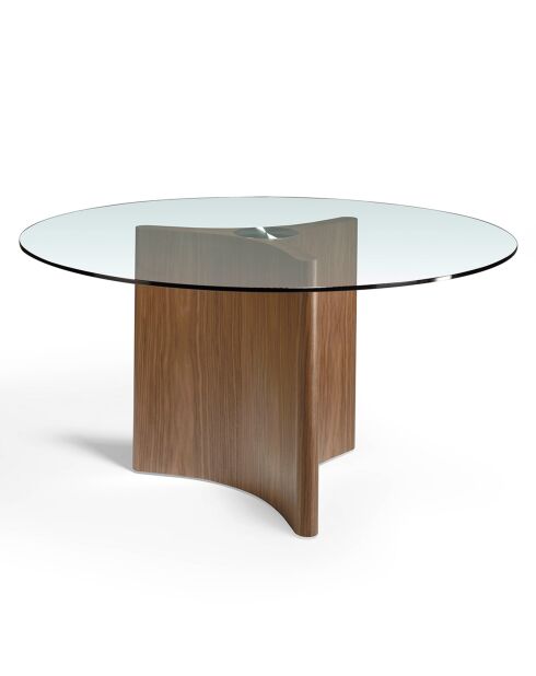 Table de salle à manger ronde en verre trempé verre transparent/noyer - 150x150x75 cm