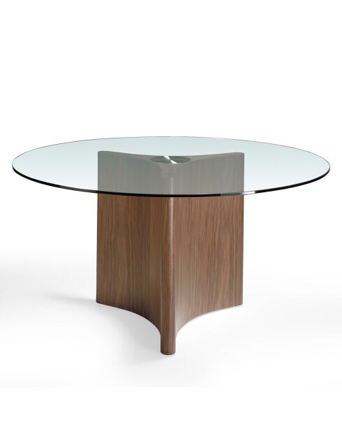 Table de salle à manger ronde en verre trempé verre transparent/noyer - 150x150x75 cm