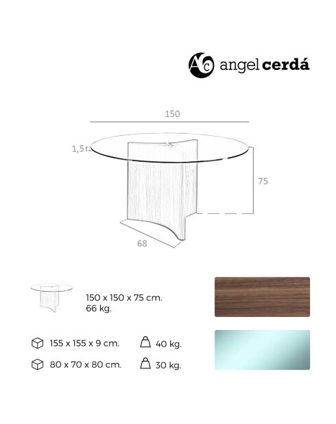 Table de salle à manger ronde en verre trempé verre transparent/noyer - 150x150x75 cm