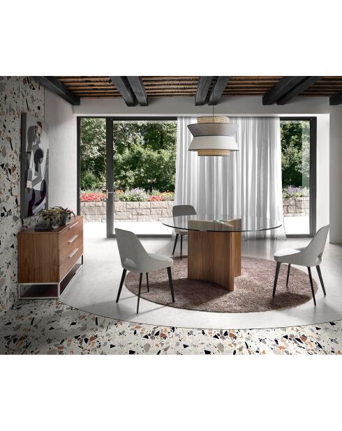 Table de salle à manger ronde en verre trempé verre transparent/noyer - 150x150x75 cm