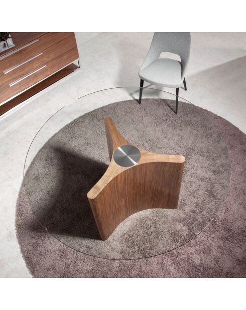 Table de salle à manger ronde en verre trempé verre transparent/noyer - 150x150x75 cm