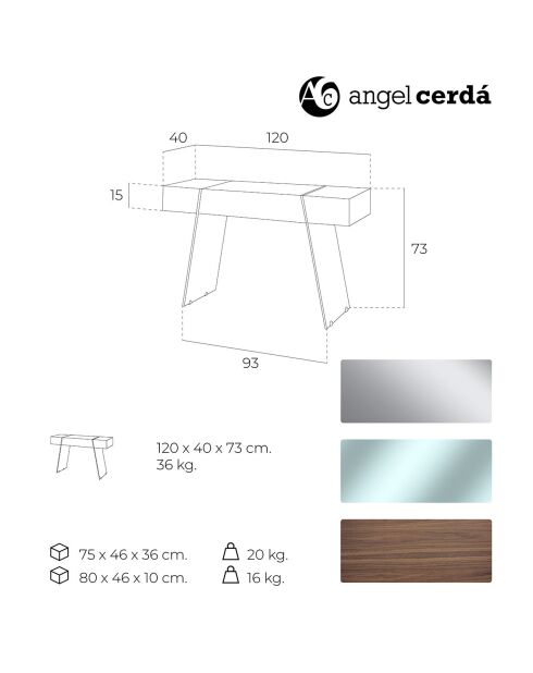 Console laqué avec pieds en verre trempé noyer/gris/transparent - 120x40x73 cm