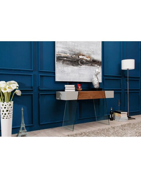 Console laqué avec pieds en verre trempé noyer/gris/transparent - 120x40x73 cm