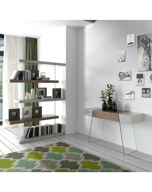 Consola lacada con patas de cristal templado en nogal/gris/transparente - 120x40x73 cm