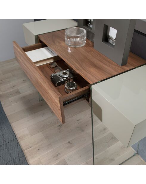 Console laqué avec pieds en verre trempé noyer/gris/transparent - 120x40x73 cm