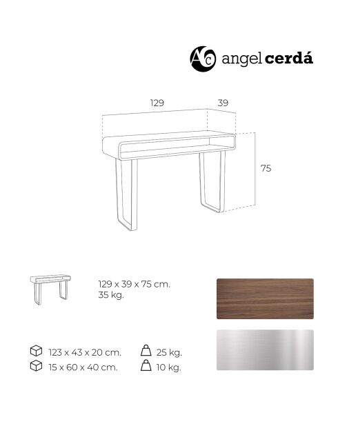 Console en bois plaqué sur pieds en acier inoxydable noyer/argenté - 120x39x75 cm