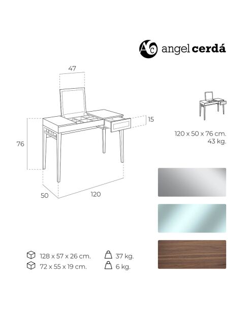 Coiffeuse laqué avec boite à bijoux et miroir noyer/gris perle - 120x50x76 cm