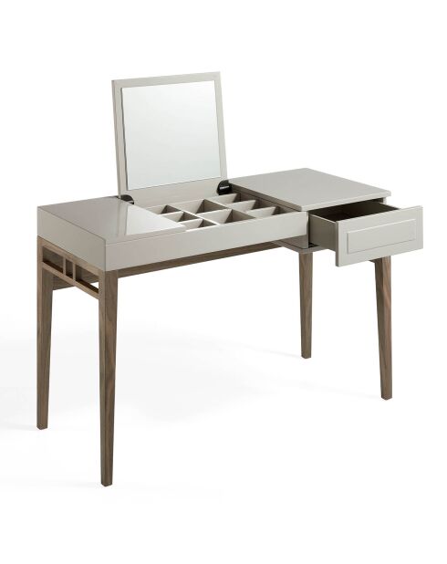 Coiffeuse laqué avec boite à bijoux et miroir noyer/gris perle - 120x50x76 cm