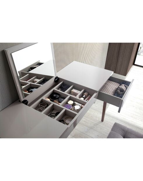 Coiffeuse laqué avec boite à bijoux et miroir noyer/gris perle - 120x50x76 cm