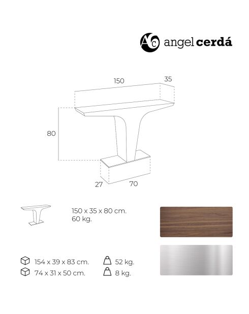 Consola de madera chapada y base de acero nogal/plata - 150x35x80 cm