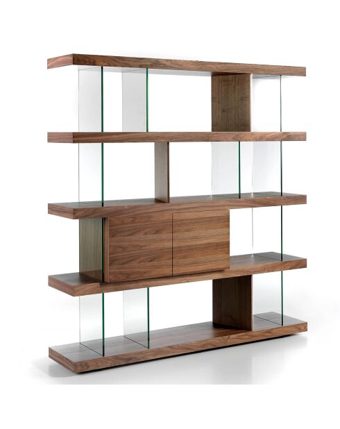 Bibliothèque en bois plauqé et verre trempé noyer/transparent - 180x38x190 cm