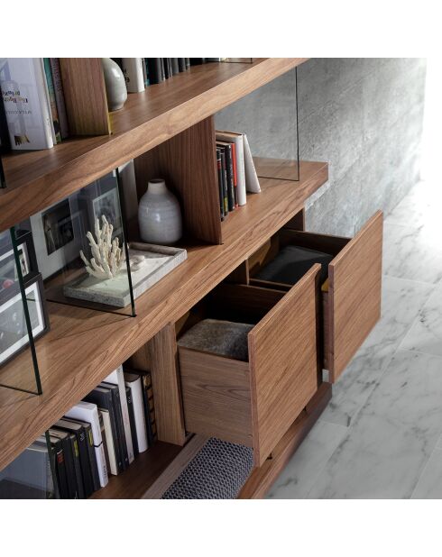 Bücherregal aus Furnierholz und Nussbaumholz/transparentem gehärtetem Glas - 180x38x190 cm