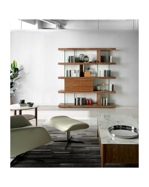 Bibliothèque en bois plauqé et verre trempé noyer/transparent - 180x38x190 cm