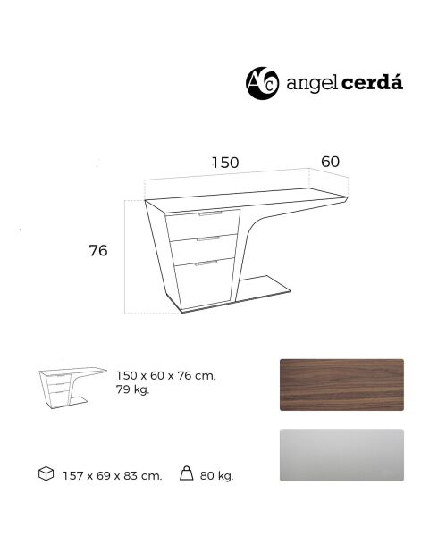 Bureau 3 tiroirs noyer/argenté - 150x60x76 cm