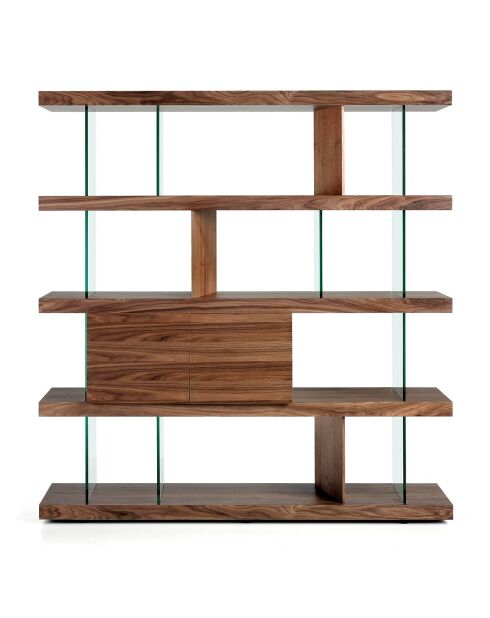 Bücherregal aus Furnierholz und Nussbaumholz/transparentem gehärtetem Glas - 180x38x190 cm