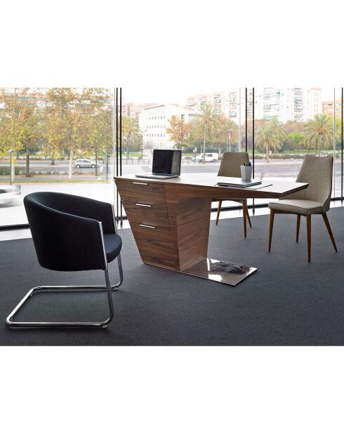 Bureau 3 tiroirs noyer/argenté - 150x60x76 cm