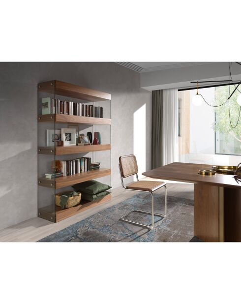 Bücherregal mit Seite aus Nussbaumholz und transparentem gehärtetem Glas - 122x38x183 cm