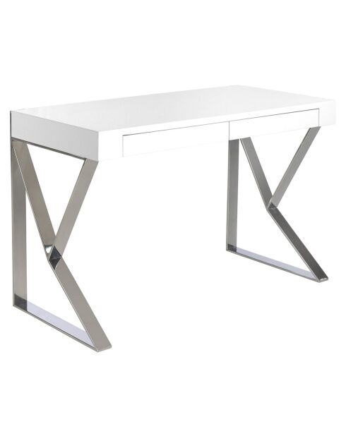 Bureau laqué 2 tiroirs et pieds en acier blanc/argenté - 120x61x76 cm
