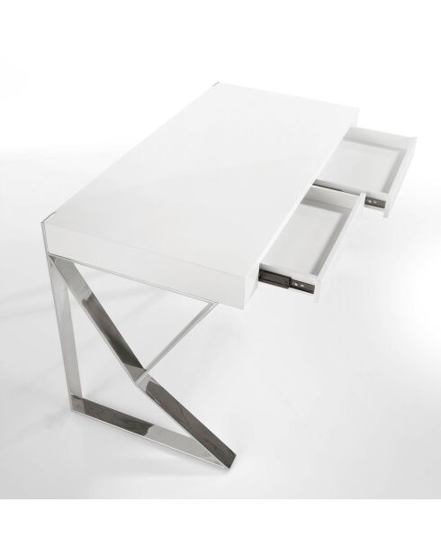 Bureau laqué 2 tiroirs et pieds en acier blanc/argenté - 120x61x76 cm