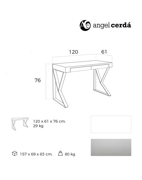Bureau laqué 2 tiroirs et pieds en acier blanc/argenté - 120x61x76 cm