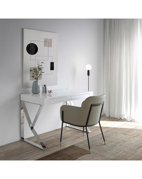 Bureau laqué 2 tiroirs et pieds en acier blanc/argenté - 120x61x76 cm