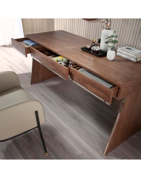 Bureau bois plaqué 3 tiroirs noyer/acier chromé - 160x61x76 cm