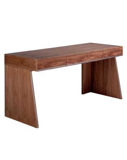 Bureau bois plaqué 3 tiroirs noyer/acier chromé - 160x61x76 cm