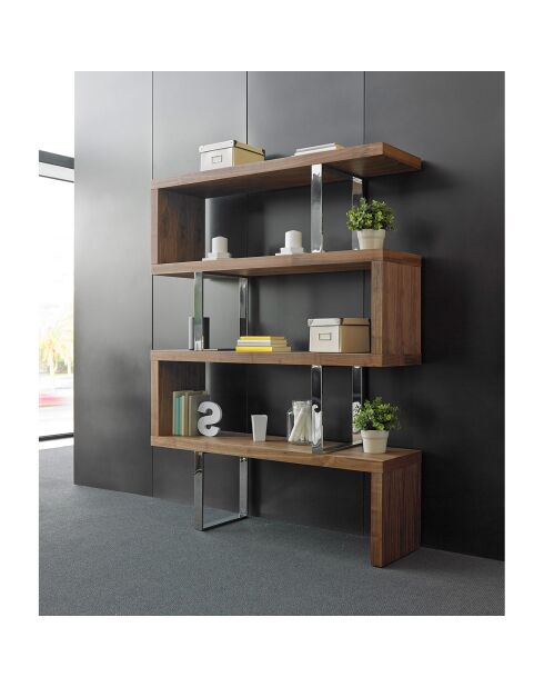 Étagère bois plaqué et acier inoxydable noyer/argenté - 130x35x170 cm