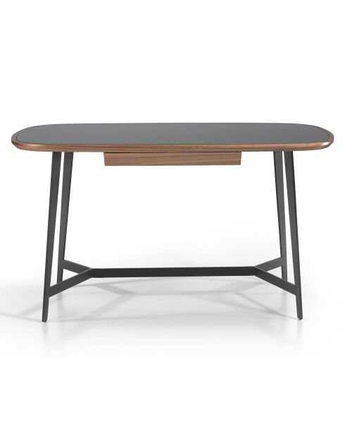 Bureau avec plateau en verre teinté noyer/noir/acier inoxydable - 140x72x76 cm