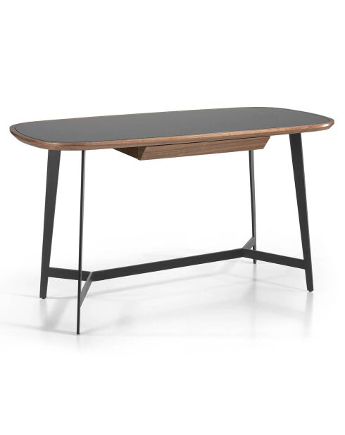 Bureau avec plateau en verre teinté noyer/noir/acier inoxydable - 140x72x76 cm
